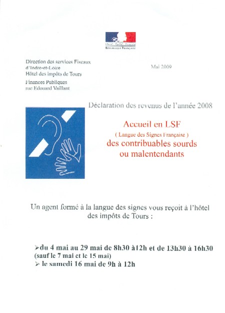 Affiche annonçant l'accueil en Langue des signes pour les personnes sourdes à l'hôtel des impôts de Tours